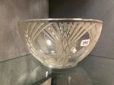 a glass bowl on a glass table with a price tag