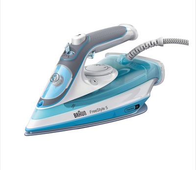 a close up of a blue and white steam iron on a white background