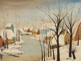 une image représentant un tableau représentant un paysage hivernal avec des maisons et une rivière
