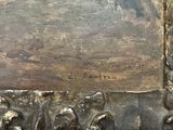 an oil painting of a man riding a horse in a wooded area