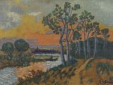l'image d'une peinture représentant une rivière avec des arbres au premier plan