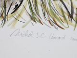 a picture of a painting of two birds in the grass