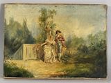 an old painting of a woman and a child in a garden