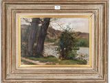 une image représentant un tableau représentant une rivière et des arbres, dans un cadre doré
