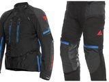 a picture of a pair of black and blue motorcycle jackets and pants