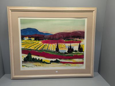 un tableau représentant un paysage avec des collines et des arbres en arrière-plan