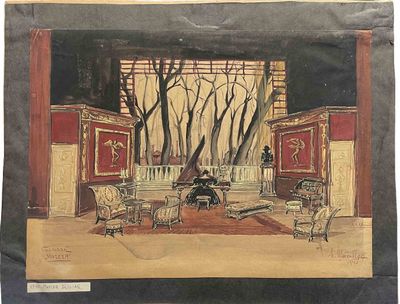dessin représentant un salon avec un piano et des chaises