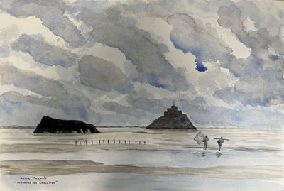 une aquarelle représentant deux personnes marchant sur la plage