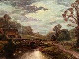 tableau représentant une rivière avec un pont et une maison au loin