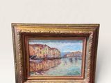 an oil painting of a boat on a river with buildings in the background