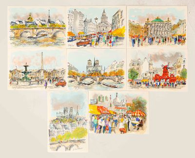 quatre aquarelles représentant une scène urbaine avec des passants marchant sur le trottoir