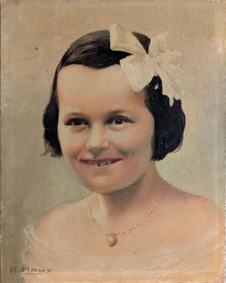 portrait d'une jeune fille en robe blanche, avec une fleur dans les cheveux