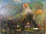 une peinture à l'huile représentant une femme assise sur une colline avec un chien