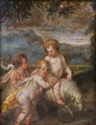 an image of a painting of two babies and a sheep