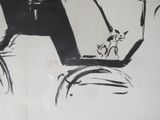 a black and white drawing of a man riding a bike