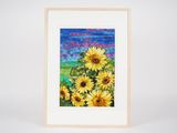 a painting of sunflowers in a field with a blue sky in the background