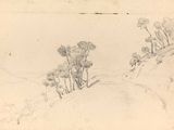 drawing of a landscape with trees on a hill and a person on a horse in the foreground