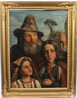painting of a man and woman with a child and a man in a hat