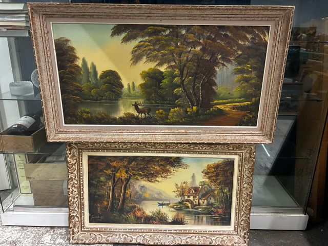 Deux huiles sur toile encadré « Paysage au cerf et moulin » l'un ...