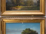 two paintings of trees in a field with a sky background