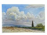 a painting of a landscape with clouds and trees in the distance