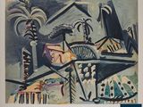 an image of a painting of a building with palm trees in the background