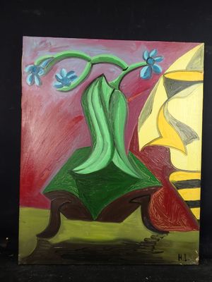 painting of a vase of flowers on a table with a sailboat in the background