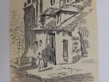drawing of a man walking past a house with a dog in front of it