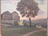 une peinture à l'huile représentant une scène de campagne avec un arbre au premier plan