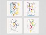 quatre dessins de couleurs différentes représentant le visage d'un homme sur du papier blanc