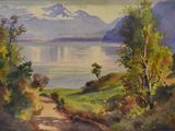 aquarelle représentant un sentier menant à un lac, avec une montagne au loin