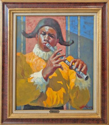 tableau représentant un homme vêtu d'un manteau jaune jouant de la flûte