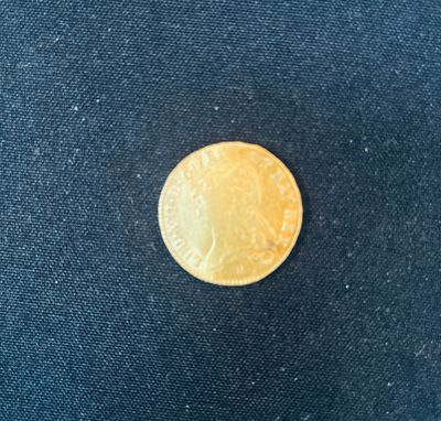 a close up of a gold coin on a blue cloth