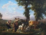 a painting of a group of people and animals in a field