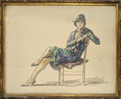 drawing of a woman sitting in a chair with her legs crossed