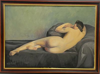 une peinture à l'huile représentant une femme nue allongée sur un lit