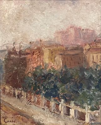 peinture d'une vue d'une ville avec une tour d'horloge au loin