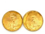two gold coins, one of which is a saint gaudet and one of which is a saint gaudet