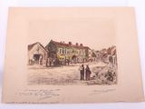 un vieux dessin représentant une scène de rue avec une calèche