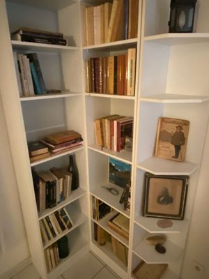 Bons livres et objets de vitrine sur les étagères blanches d…