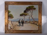 tableau représentant deux hommes marchant sur un chemin de terre, avec des arbres en arrière-plan