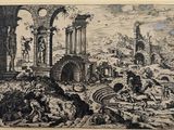 an image of a drawing of a landscape with ruins and people