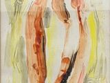 a painting of two nudes standing in front of a yellow background
