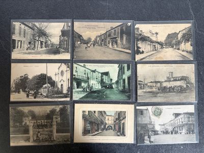 several old black and white photographs of old buildings and cars