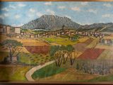 a picture of a painting of a village in the mountains