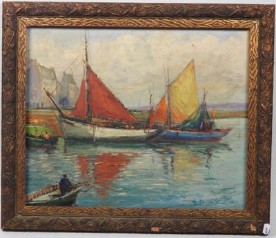 une peinture à l'huile représentant des bateaux sur l'eau, avec un homme dans l'un d'eux