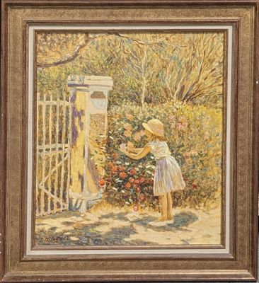 une peinture à l'huile représentant une jeune fille cueillant des fleurs dans un jardin