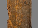 an old piece of wood with a piece of wood sticking out of it ' s side