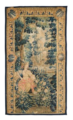 une tapisserie représentant une femme assise sur un banc dans les bois