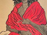 painting of a woman wrapped in a red blanket sitting on a rock